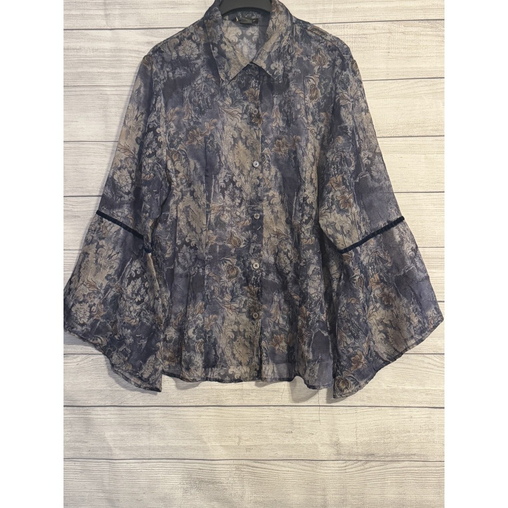 Ashley Stewart Sheer Floral Blouse Blue Flowy Sleeve Velvet Trim Plus 4X*